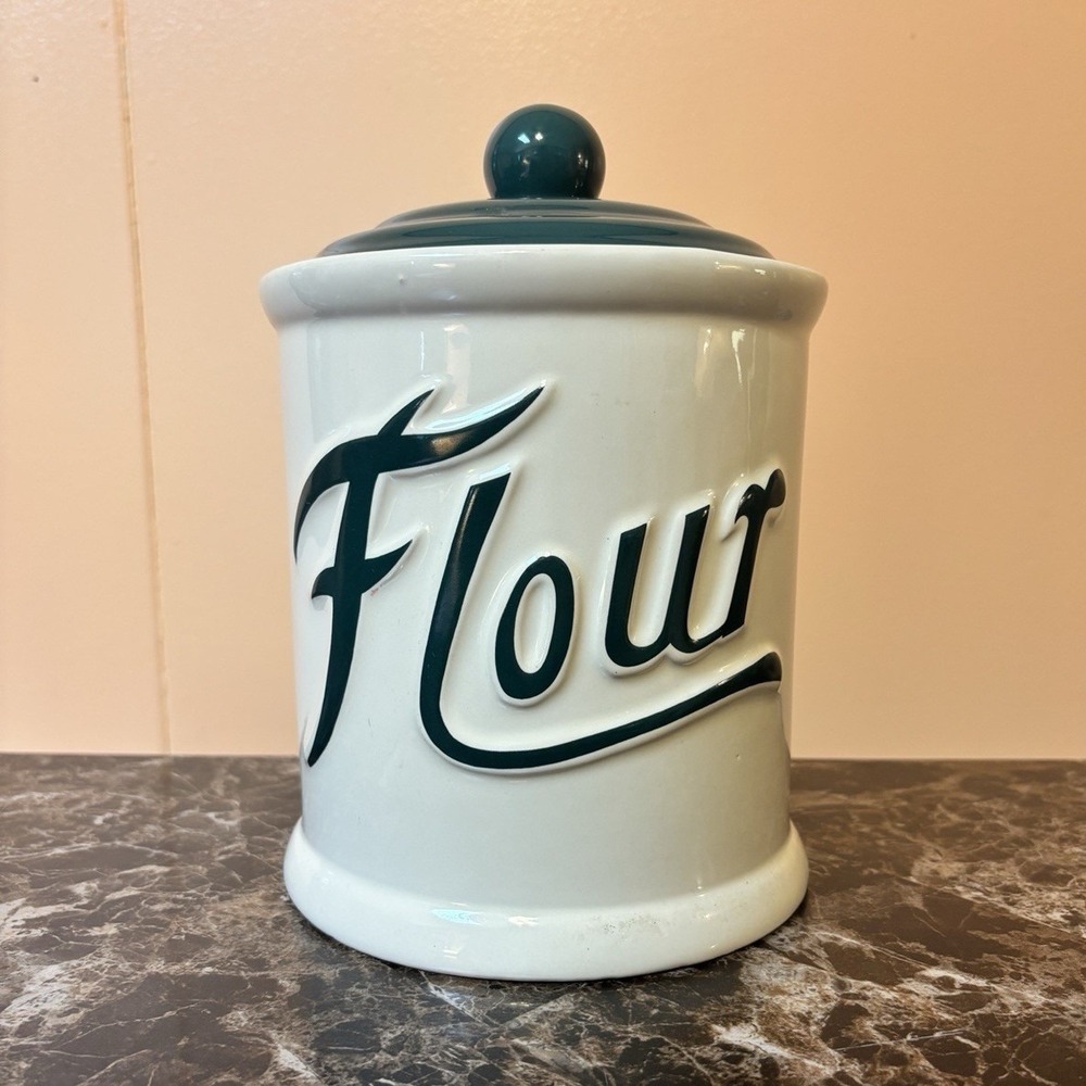 Vintage Ceramic Flour Canister w/ Lid Handle, White/Green 16 oz Cylinder 8 in